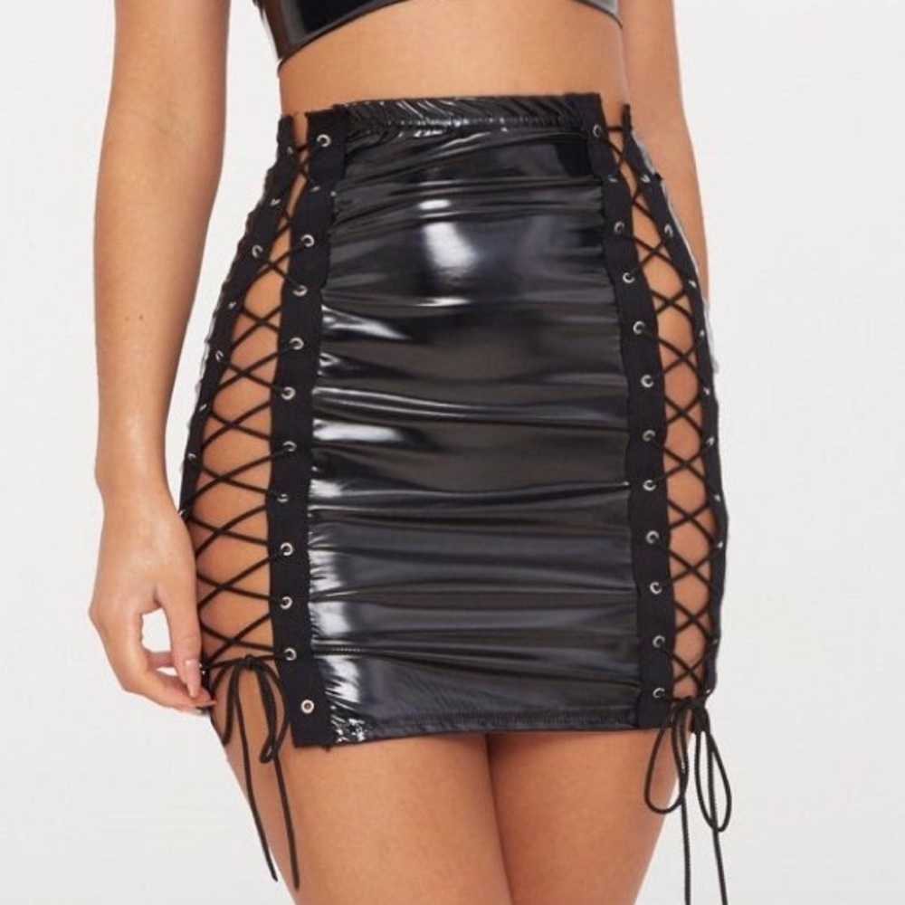 BLACK Vinyl Double Lace Up Mini Skirt